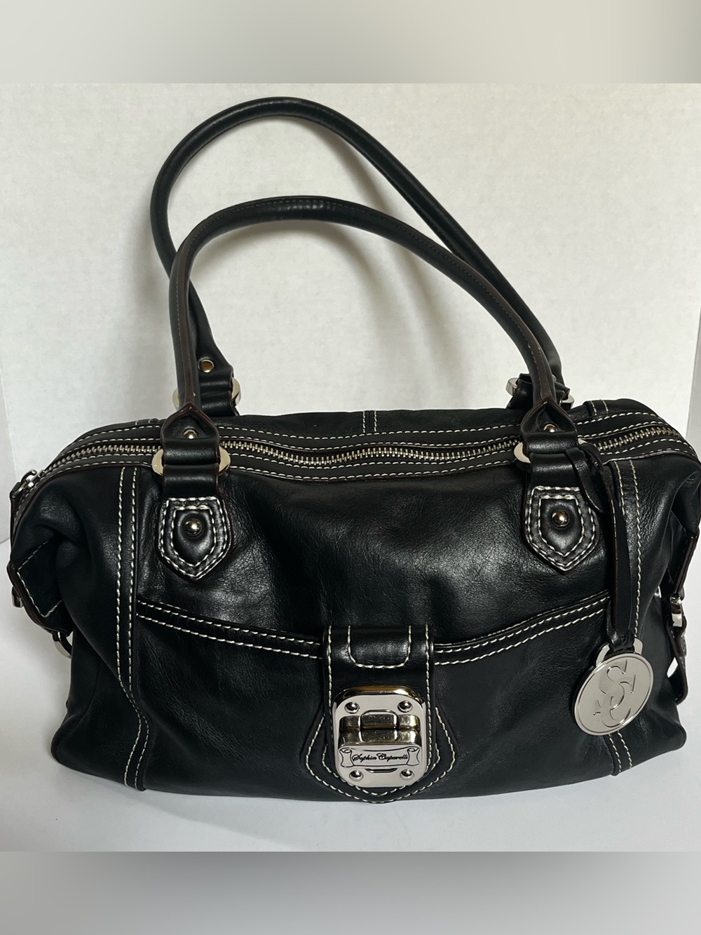Sophia Caperelli Y2K Black Soft Leather Shoulder Bag with White Stitching